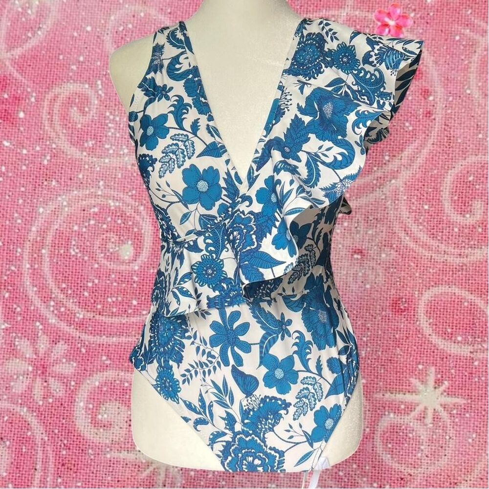 Zingara Luxury Swim Blue Floral Ruffle Low Back One Piece Swimsuit